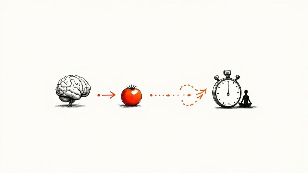 An illustration of the Pomodoro technique, showing a brain, a tomato, a stopwatch, and a meditating person.