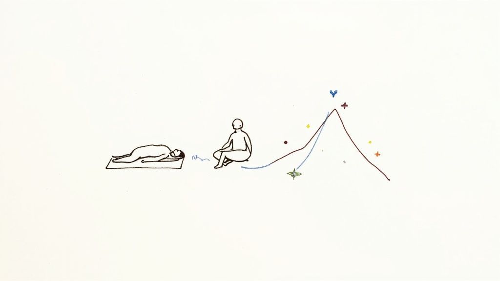 A person lying on their back with their eyes closed, looking relaxed and comfortable, ready for a breathwork session.