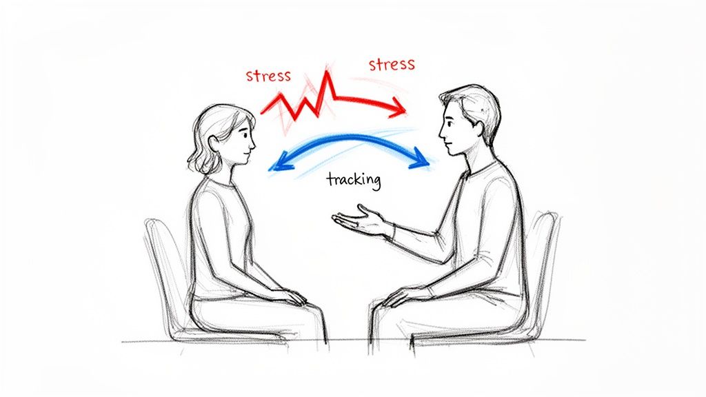 Two people discussing stress and tracking, illustrated with red stress arrows and a blue tracking arrow between them.