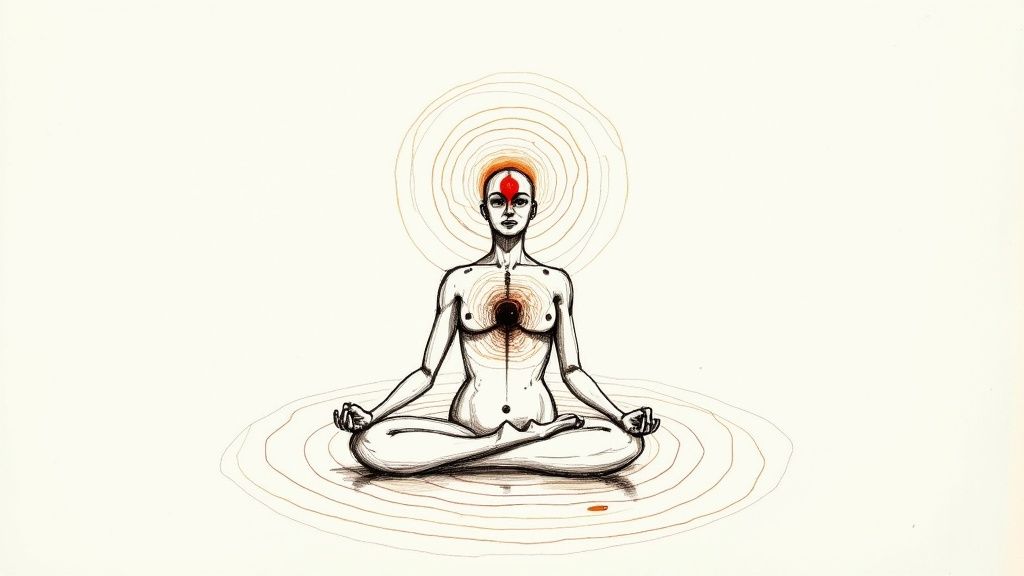 A person in a calm, meditative state, visualizing abstract patterns of light, representing the inner journey facilitated by 9D Breathwork.