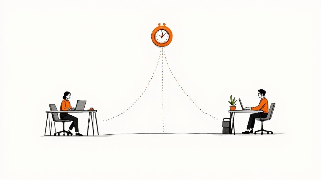 Two people working on laptops at separate desks, connected by dotted lines to a central clock.