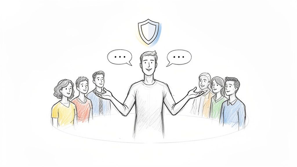 An illustration of a person facilitating a secure group discussion under a shield icon.