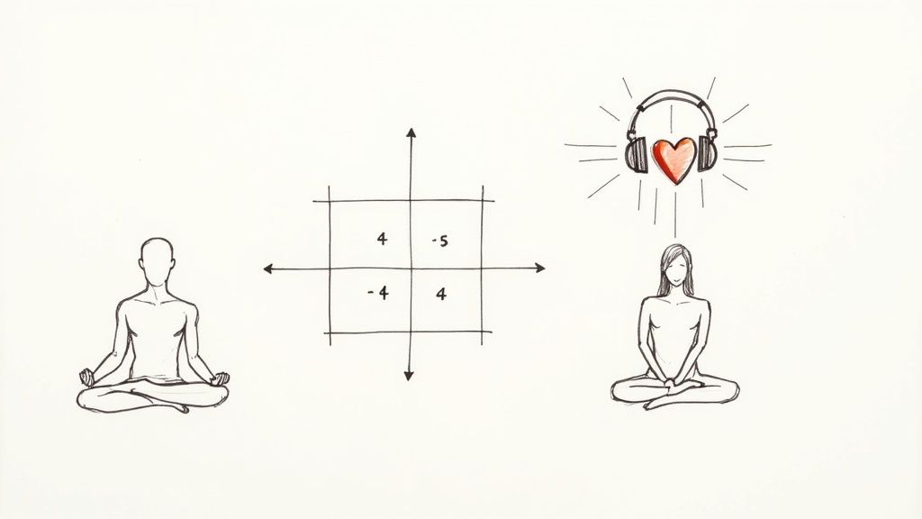Two meditating figures, one with headphones and a glowing heart, flanking a mathematical grid.