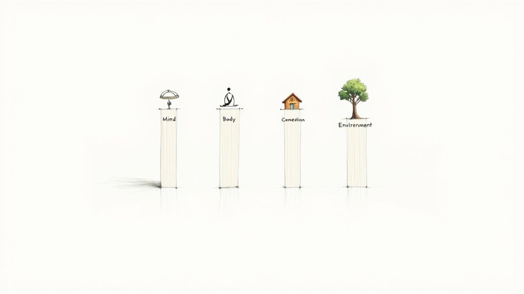 Four pillars representing Mind, Body, Cohesion, and Environment with their respective icons, illustrating holistic well-being.