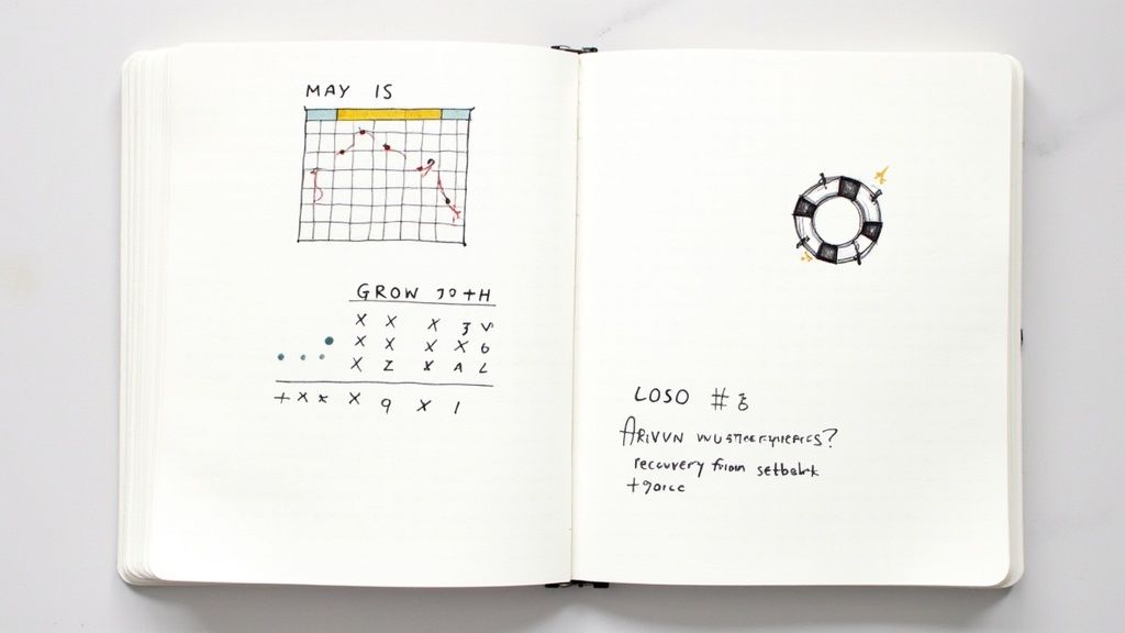 A handwritten journal opened to two pages, featuring a grid chart, drawings, and notes on recovery.