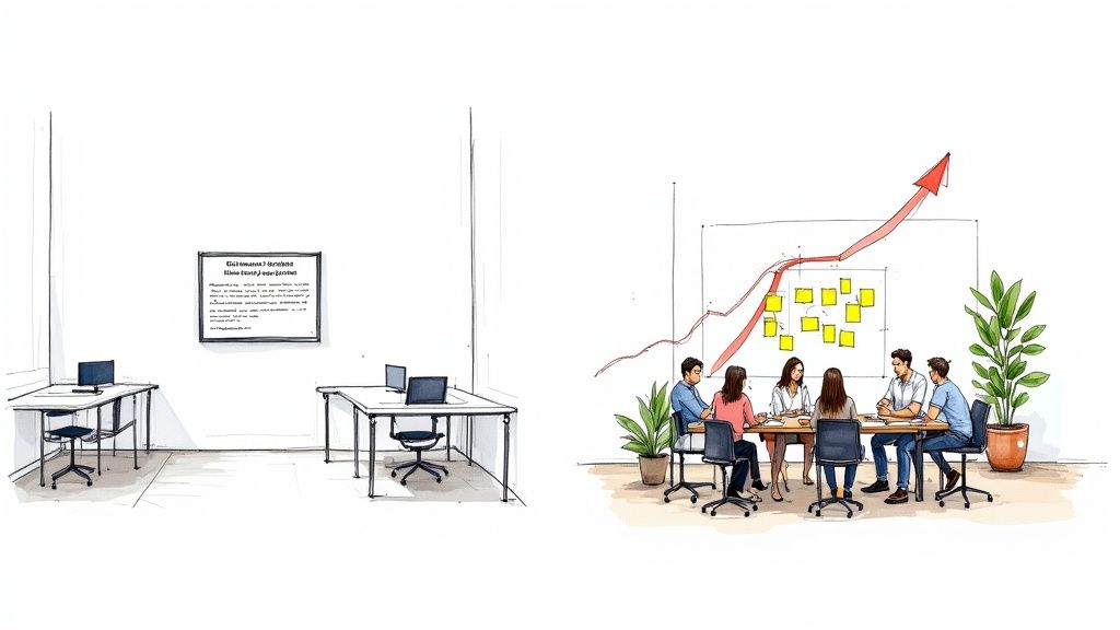 An empty office with desks contrasted with a bustling meeting room where a team brainstorms ideas.