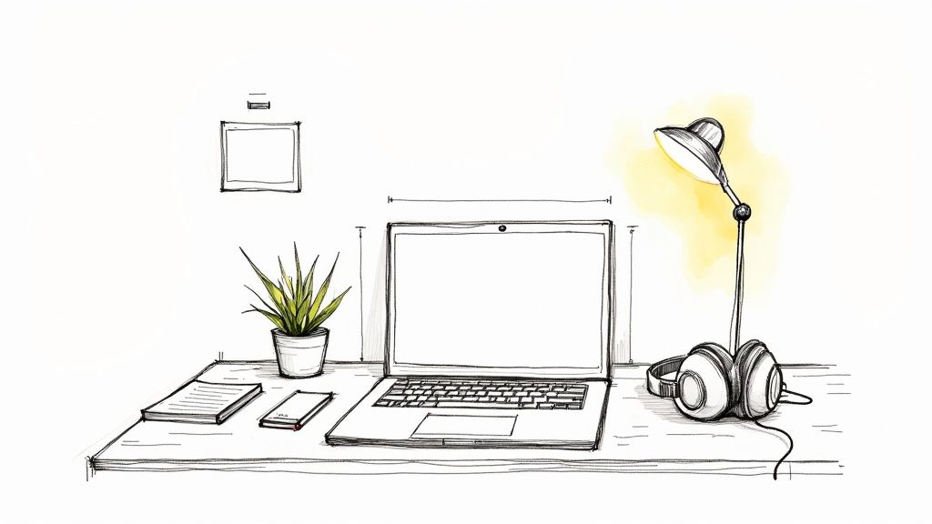 A neat and organized desk with a laptop, plant, and lamp, ready for focused work.
