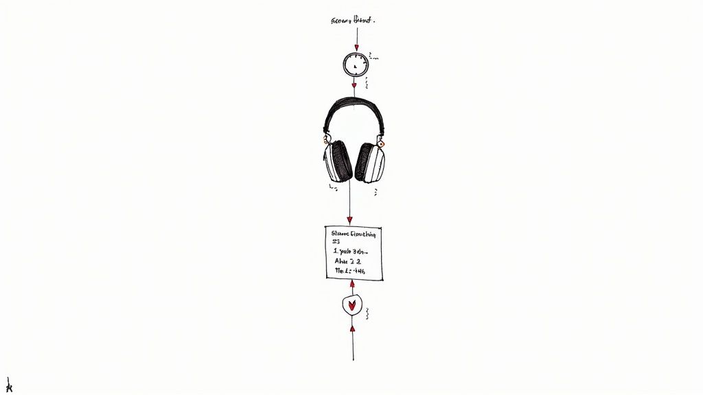A hand-drawn diagram illustrating the concept and process of binaural beats using headphones.