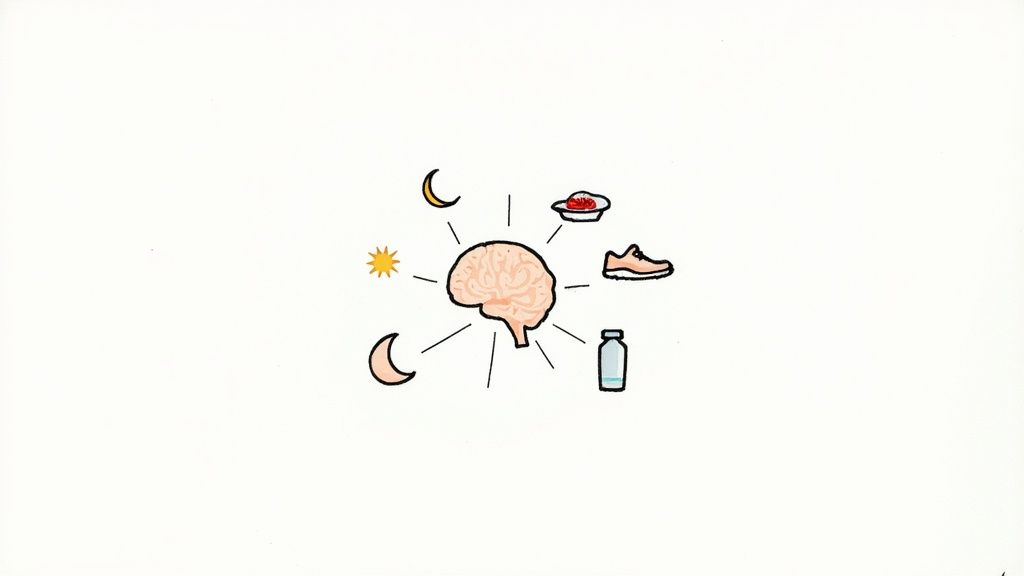 Illustration of a brain surrounded by icons symbolizing sleep, sun, food, exercise, and water.