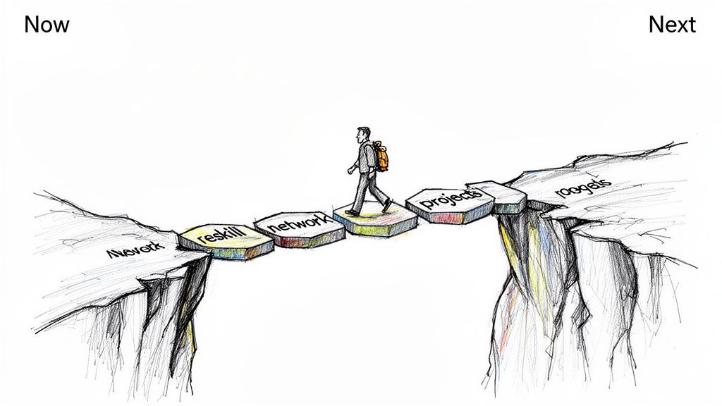 A person crosses hexagonal stepping stones labeled 'reskill,' 'network,' 'projects' over a chasm, symbolizing a career transition.