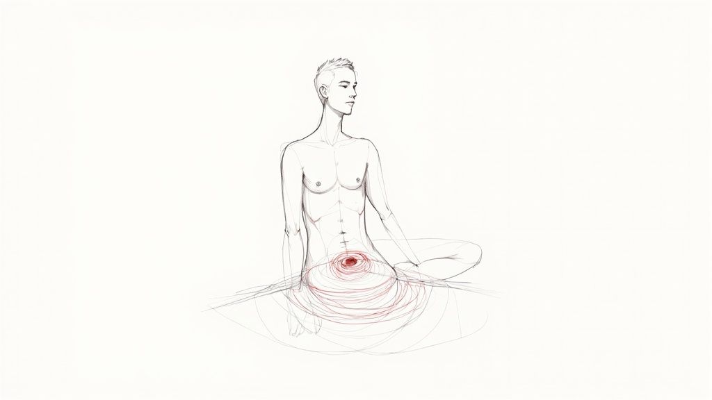 Pencil sketch of a person meditating with a red energy spiral around their lower abdomen.