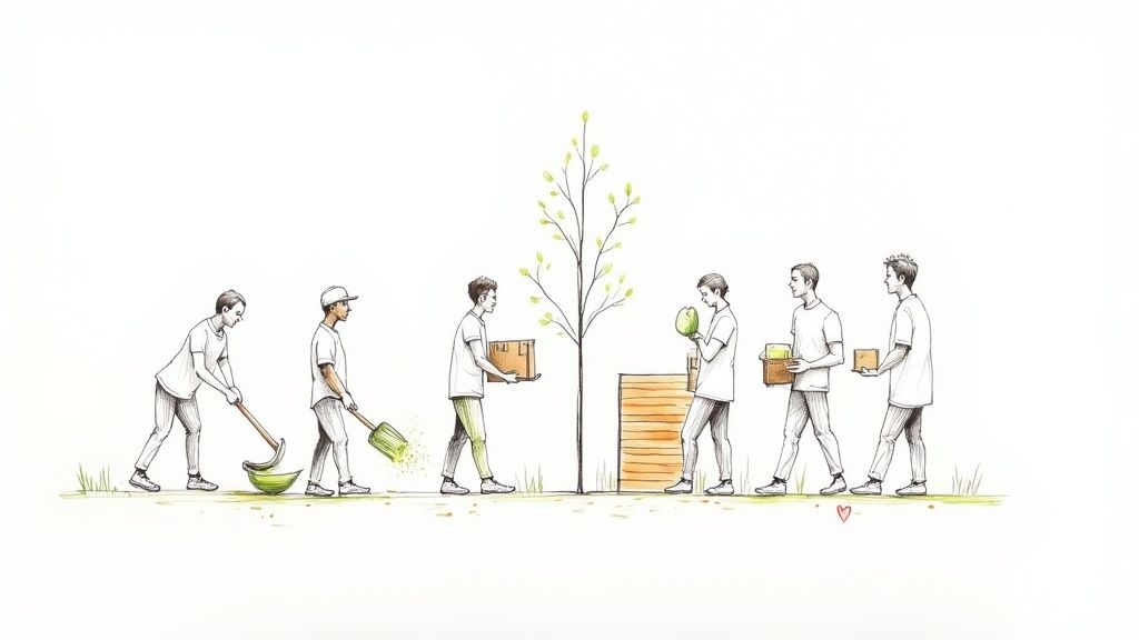 Seven men collaboratively plant and nurture a young tree, illustrating teamwork and environmental care.