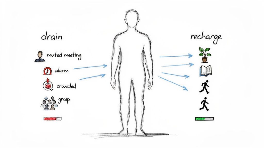 Diagram showing human energy drainers (meetings, alarms, crowds) and rechargers (nature, books, exercise).