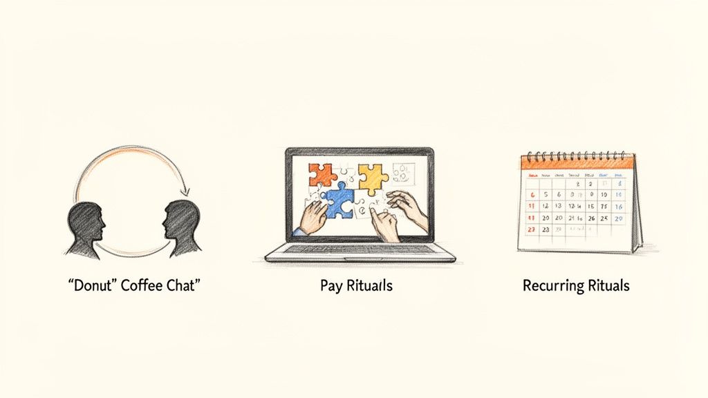Three illustrations depicting team rituals: 'Donut' coffee chat, digital puzzle for pay rituals, and a calendar for recurring rituals.