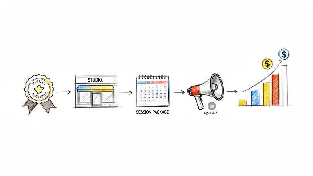 A visual process showing certification, a studio, session package calendar, megaphone marketing, and increasing revenue growth.