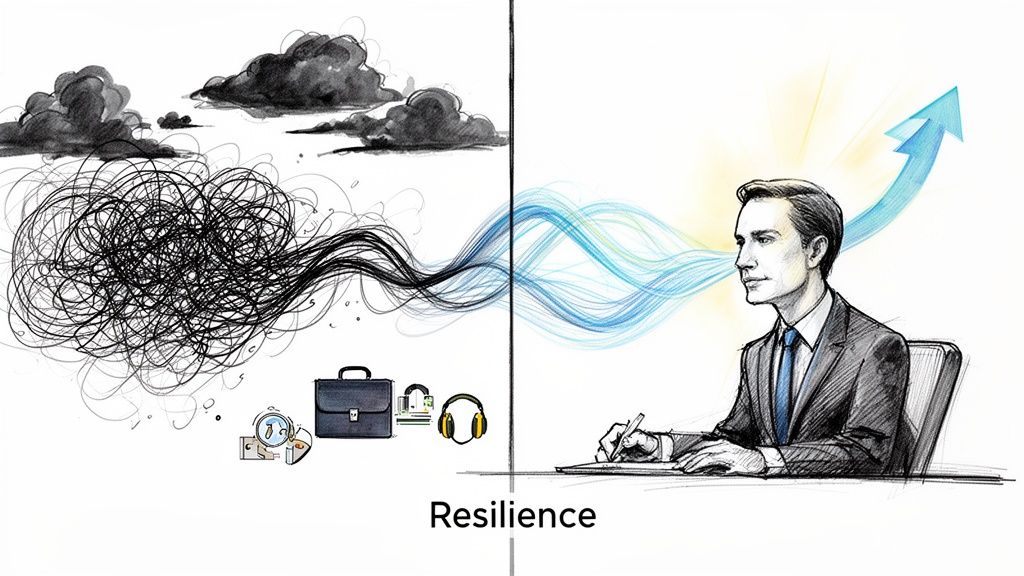 Illustration showing a messy tangle transforming into clear, upward waves for a focused businessman, symbolizing resilience.