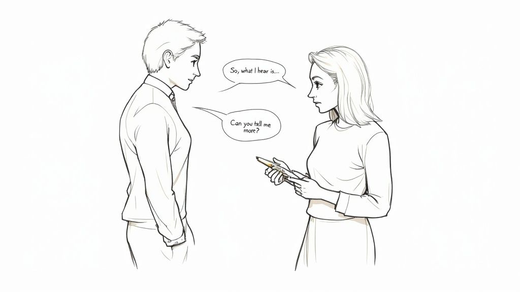 A line drawing of two people talking with speech bubbles, showing active listening techniques.