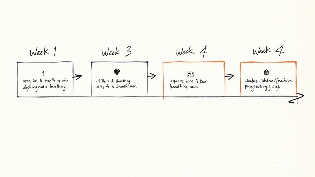 A handwritten diagram illustrates a four-week progression of breathing exercises, including diaphragmatic, controlled, and box breathing techniques.