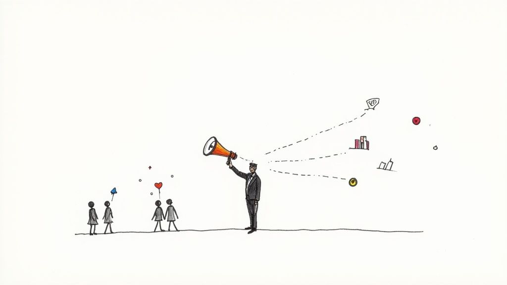A man with a megaphone communicates ideas and data to small figures, symbolizing leadership and dissemination.