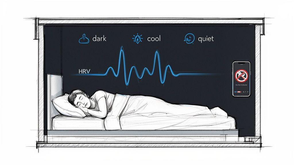 Illustration of a person sleeping in optimal conditions: dark, cool, quiet, with HRV monitoring and 'Do Not Disturb' mode.