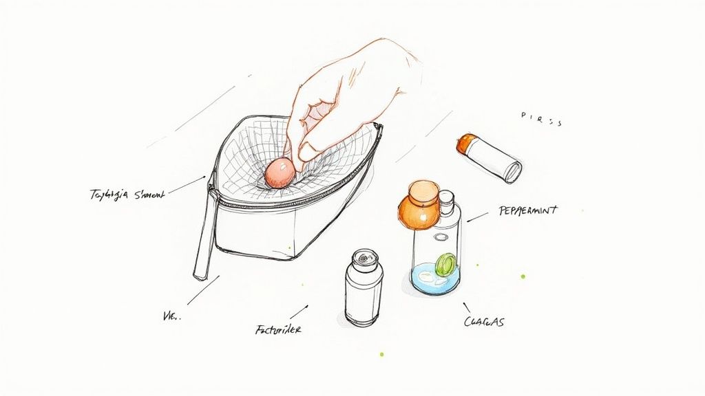 A detailed sketch showing a hand placing an egg into a net, surrounded by various labeled bottles and tubes.