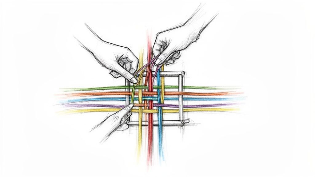 Three hands, two adult and one child's, collaboratively weave colorful strings through a square frame, symbolizing teamwork.