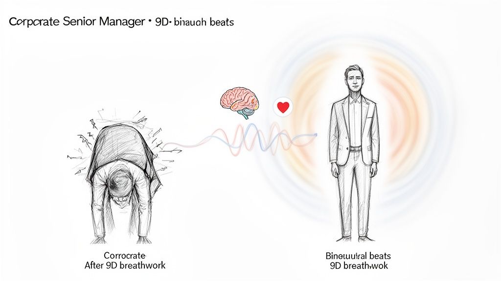 Illustration showing a corporate manager transforming from stress to calm through 9D breathwork, with brain and heart connection.