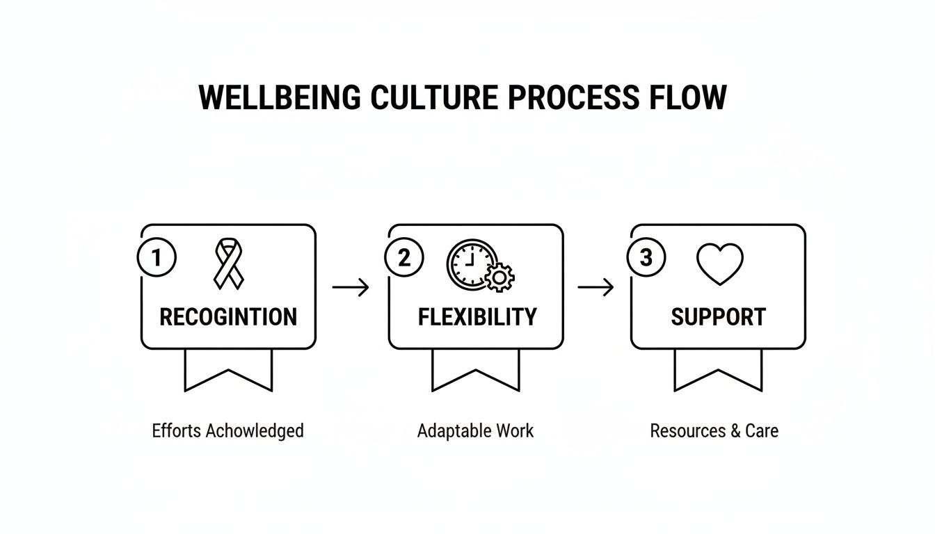 Diagram illustrating the three-step wellbeing culture process: Recognition, Flexibility, and Support.