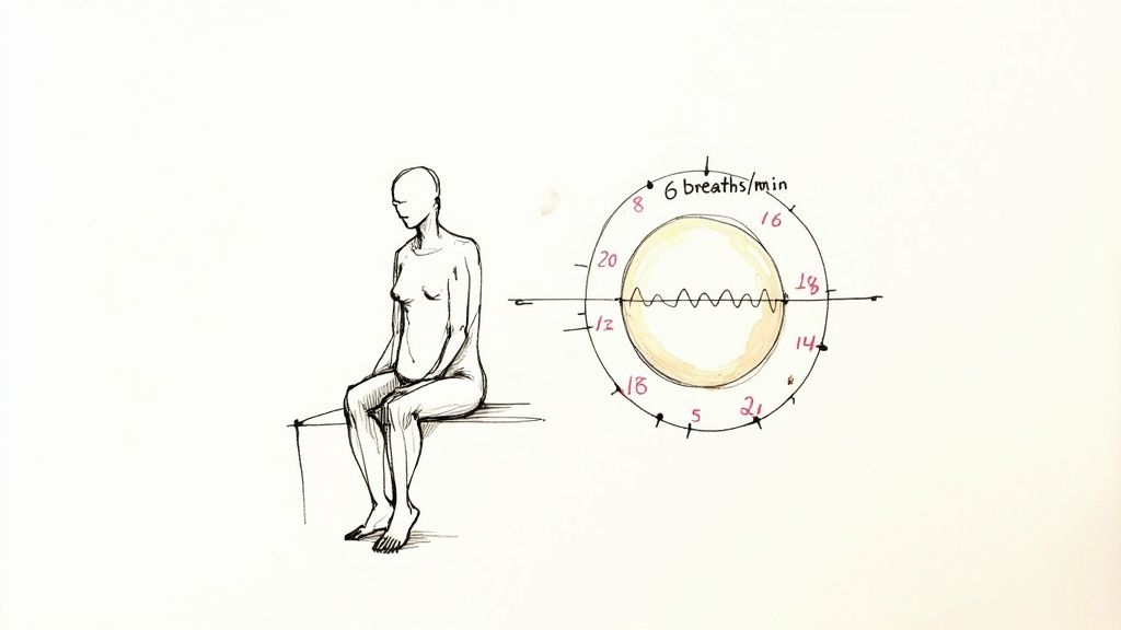 A person sits next to a diagram illustrating breathing rate, marked with '6 breaths/min' and numbers.