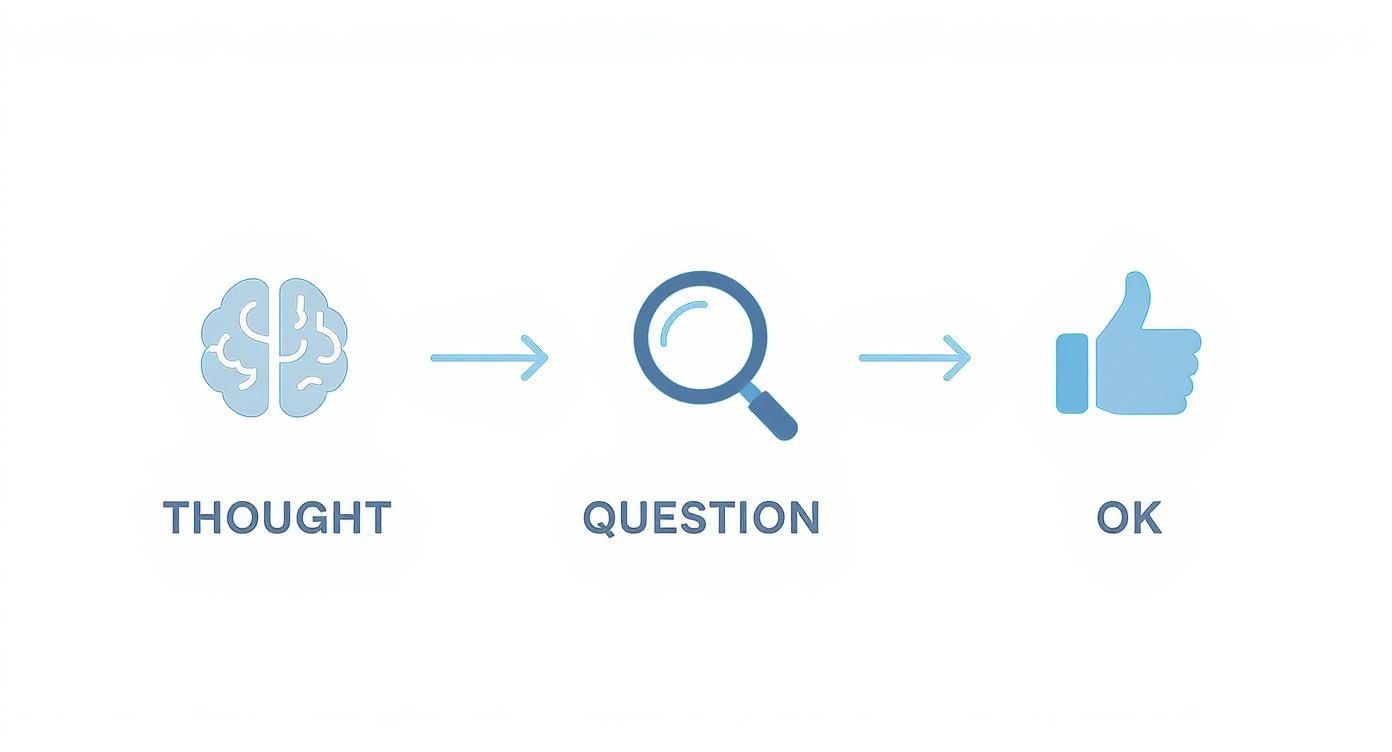 Three-step process diagram showing brain thought leading to question mark for examination then thumbs up for approval