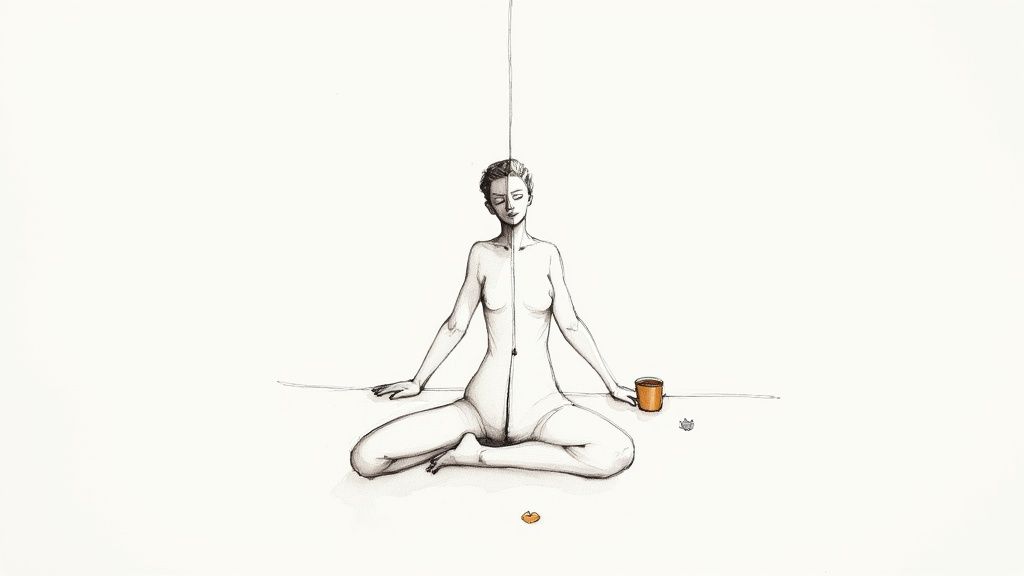 An artistic drawing of a person sitting in a meditative pose with a vertical seam and a cup.