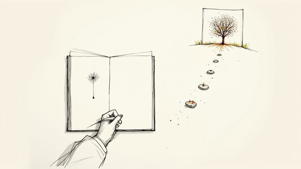Artistic illustration of hand writing in journal with tree growing from pages representing creative growth