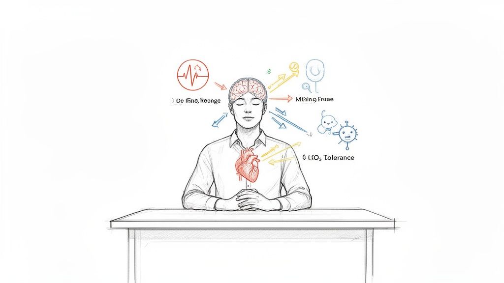 An illustration of a person meditating, showing brain, heart, and physiological responses during breath training.