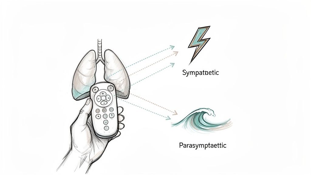 A hand holds a remote control near lungs, influencing sympathetic (lightning) and parasympathetic (wave) nervous systems.