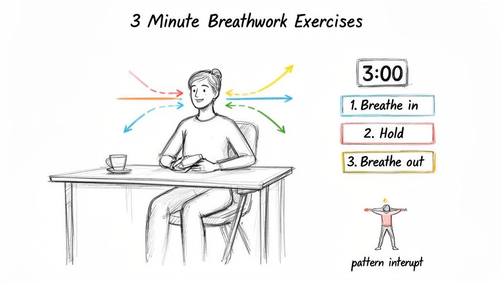 Illustration of a person doing 3-minute breathwork exercises at a desk, with instructions.