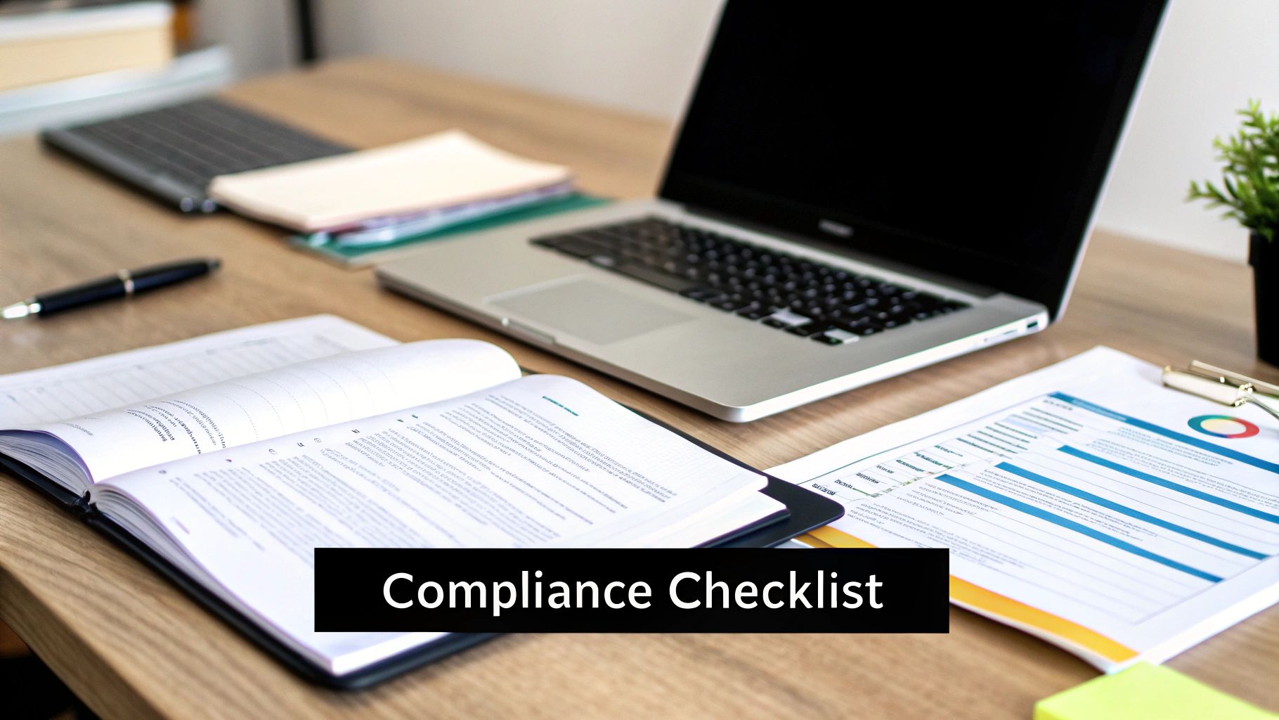 A checklist on a digital tablet, with icons representing data security, human oversight, and documentation, symbolizing AI compliance.