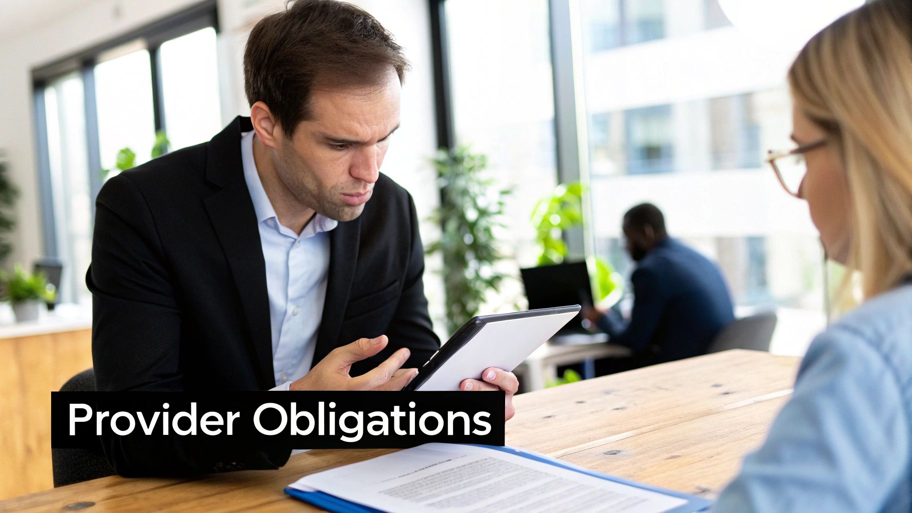 A team of professionals collaborating around a futuristic interface displaying data charts and compliance checklists, symbolizing the detailed obligations for high-risk AI under the EU AI Act.