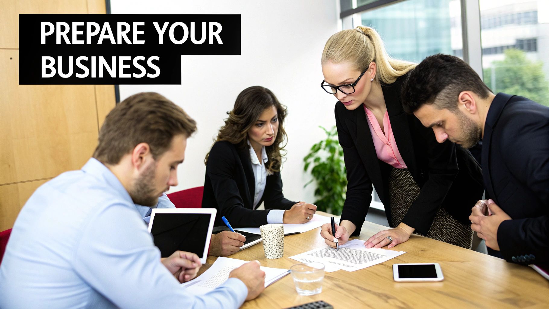 A team collaborating around a table, planning a project on a digital tablet.