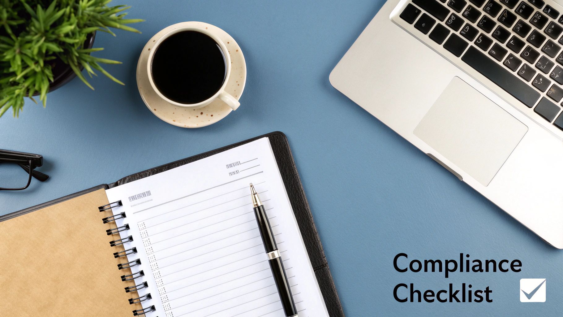 A person at a desk reviewing a checklist on a tablet, with flowchart-like diagrams in the background.