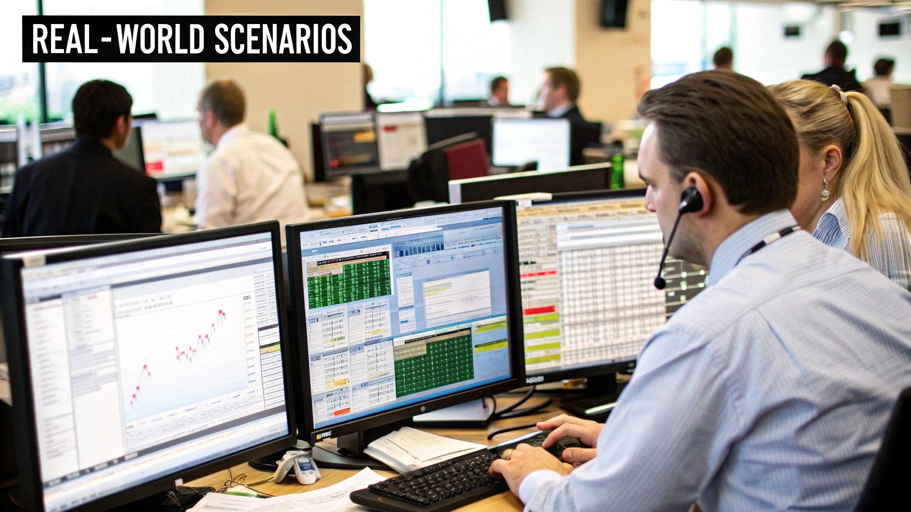 A diverse group of professionals in healthcare, finance, and HR collaborating around a digital interface showing data visualizations, representing high-risk AI applications across industries.