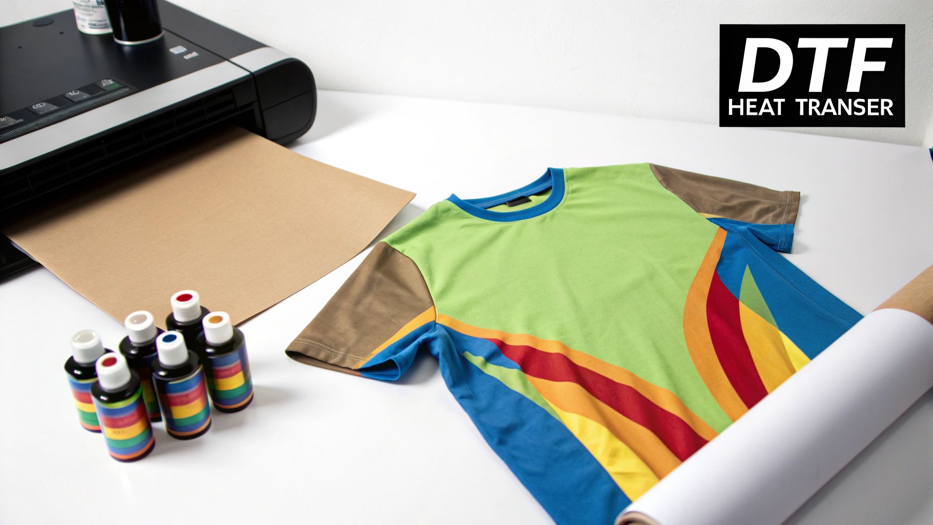 A DTF heat transfer setup showing a printer, various ink bottles, a colorful t-shirt, and a roll of transfer film.