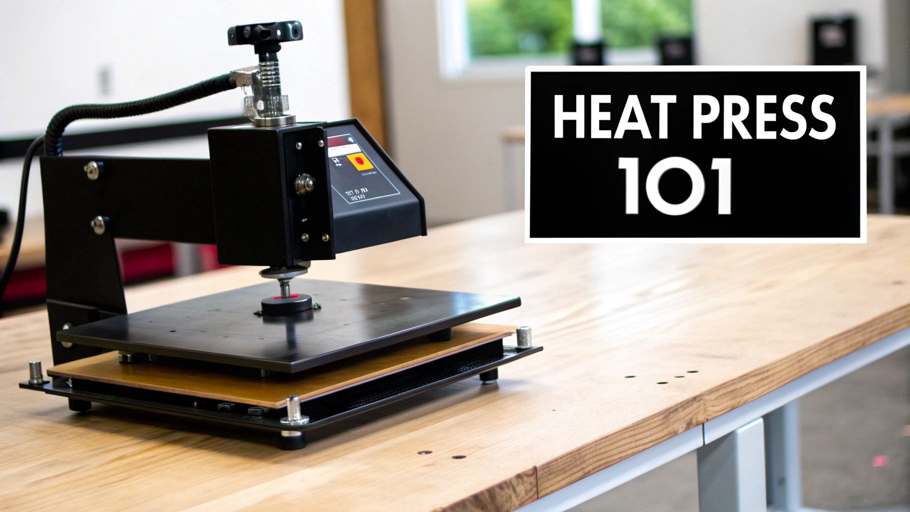 A black heat press machine sits on a light wooden table, next to a 'Heat Press 101' sign.