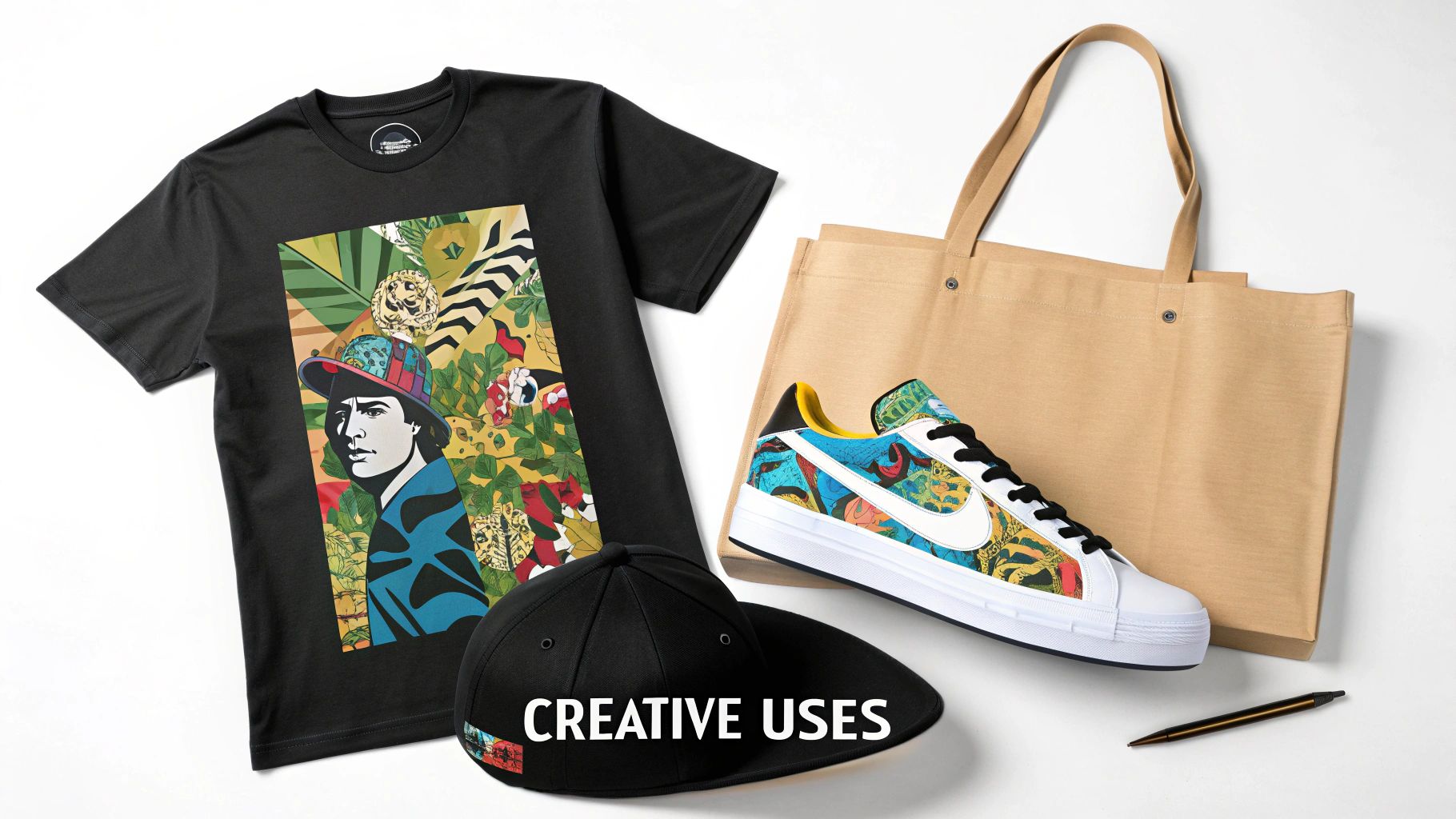 A variety of custom apparel items like hats and t-shirts featuring vibrant DTF transfer designs.