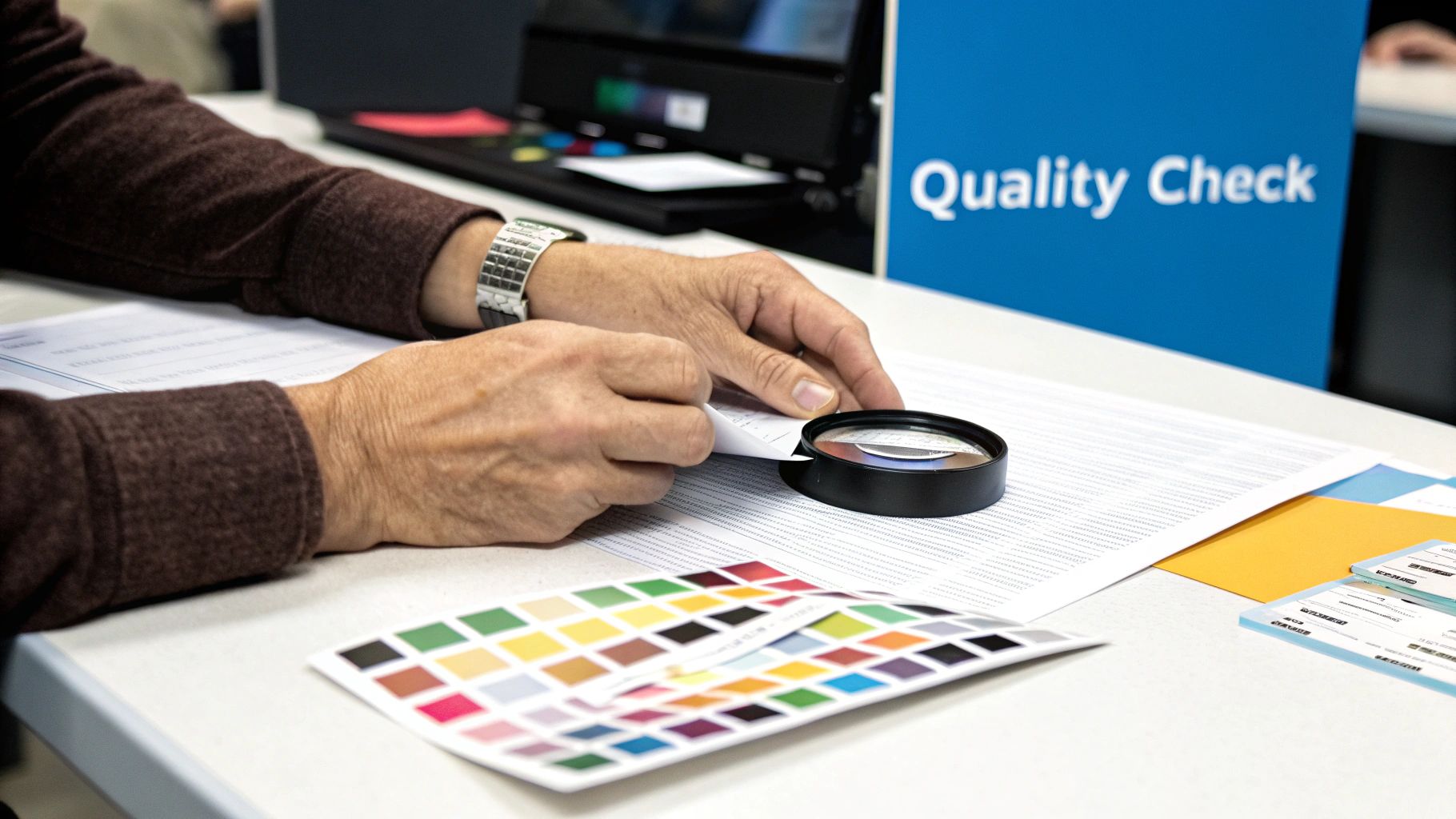 Hands perform a quality check on printed documents using a magnifying glass and color samples.