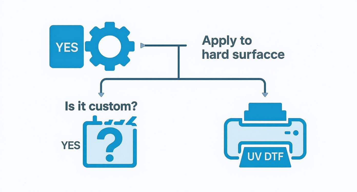 Flowchart showing the process for applying designs to hard surfaces, highlighting UV DTF printing technology.