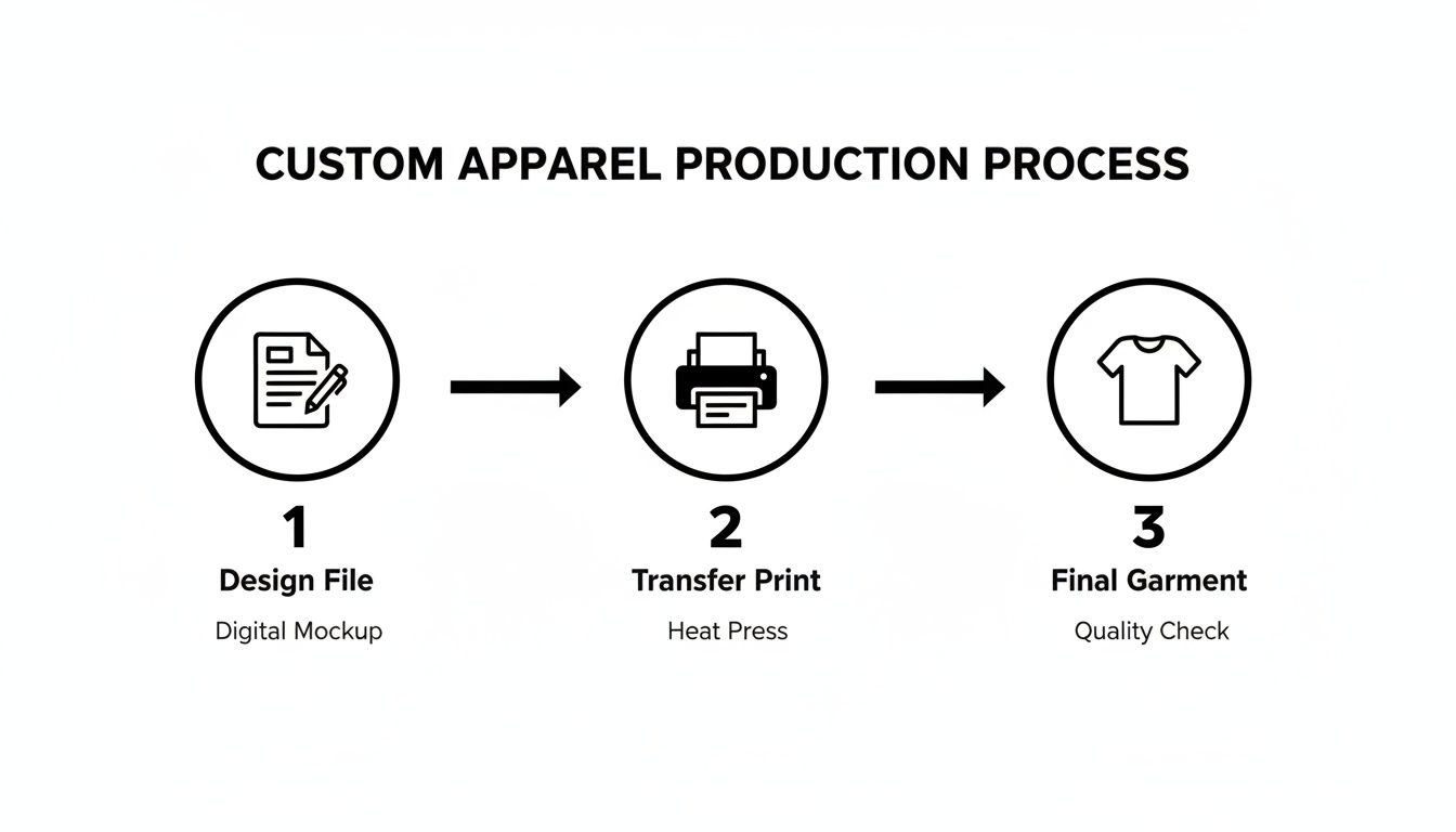 An infographic illustrating the custom apparel production process, from design file to transfer print and final garment.