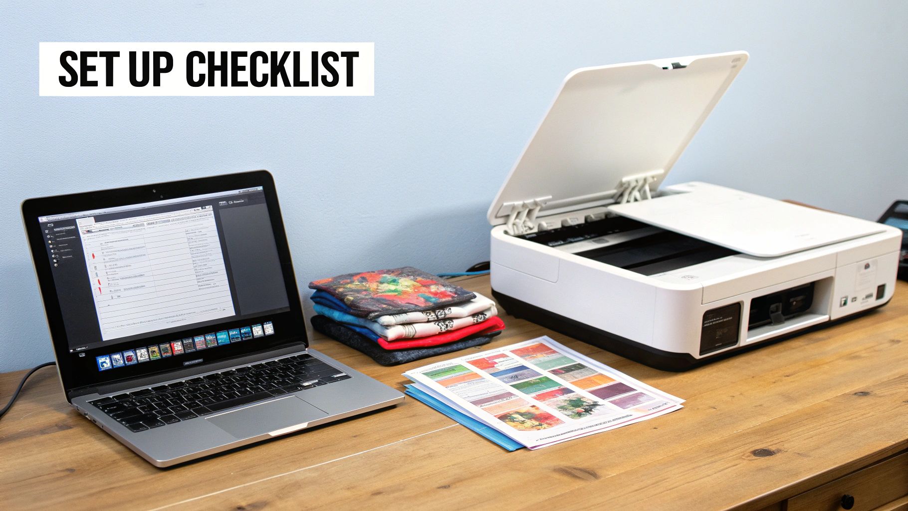 A setup checklist banner above a laptop, printer, folded fabrics, and print samples on a wooden desk.