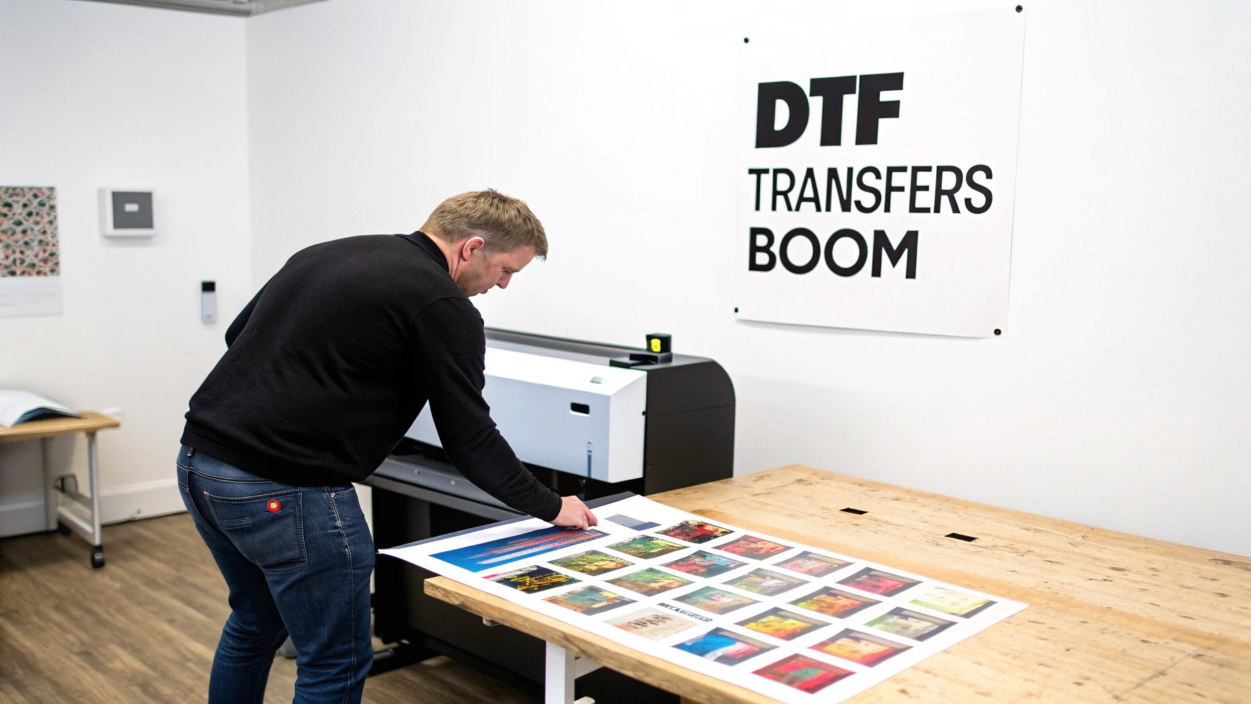 Person applying a DTF transfer to a t-shirt with a heat press