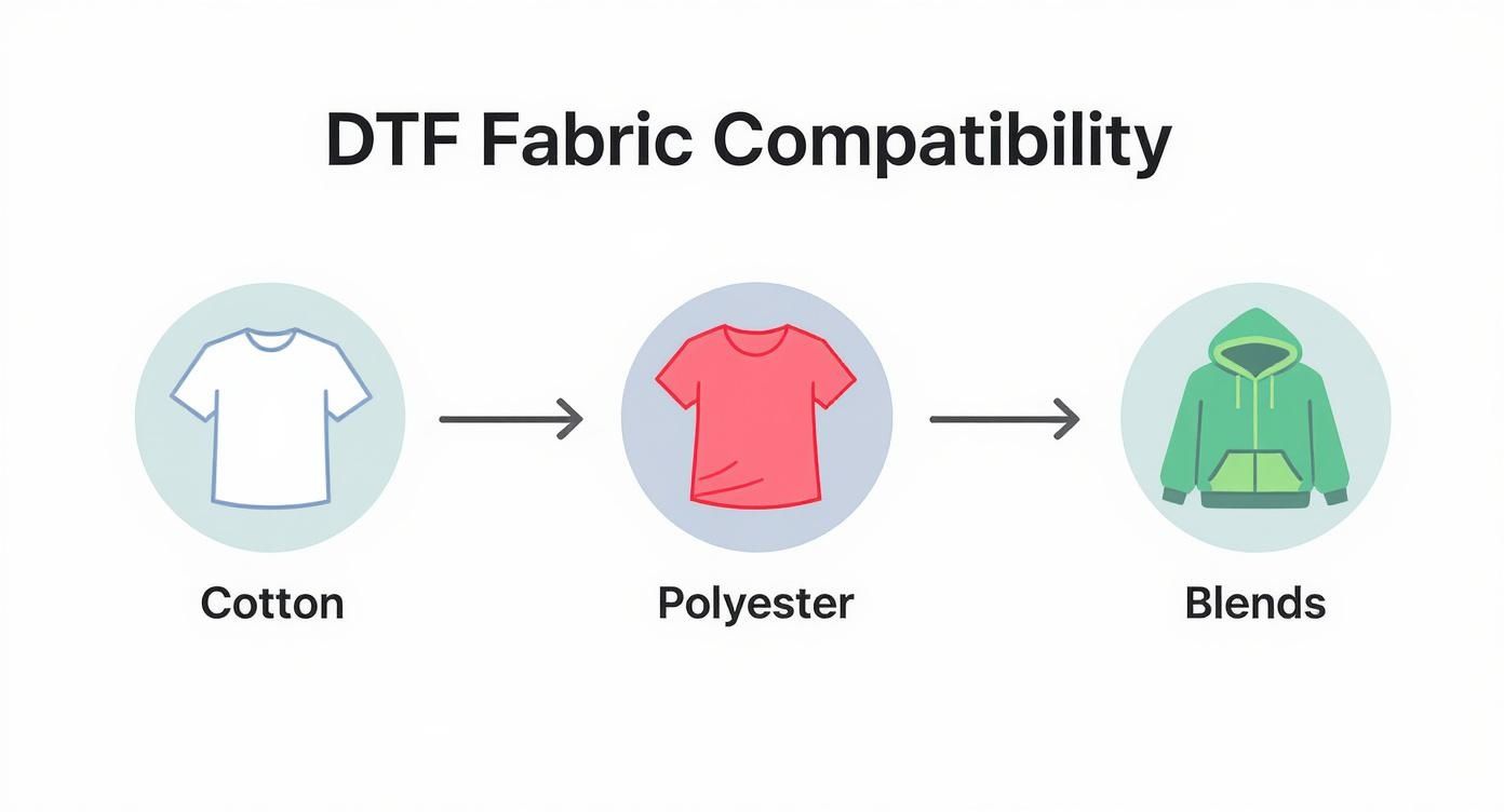 Infographic showing that ready to press dtf transfers are compatible with cotton, polyester, and blended fabrics.