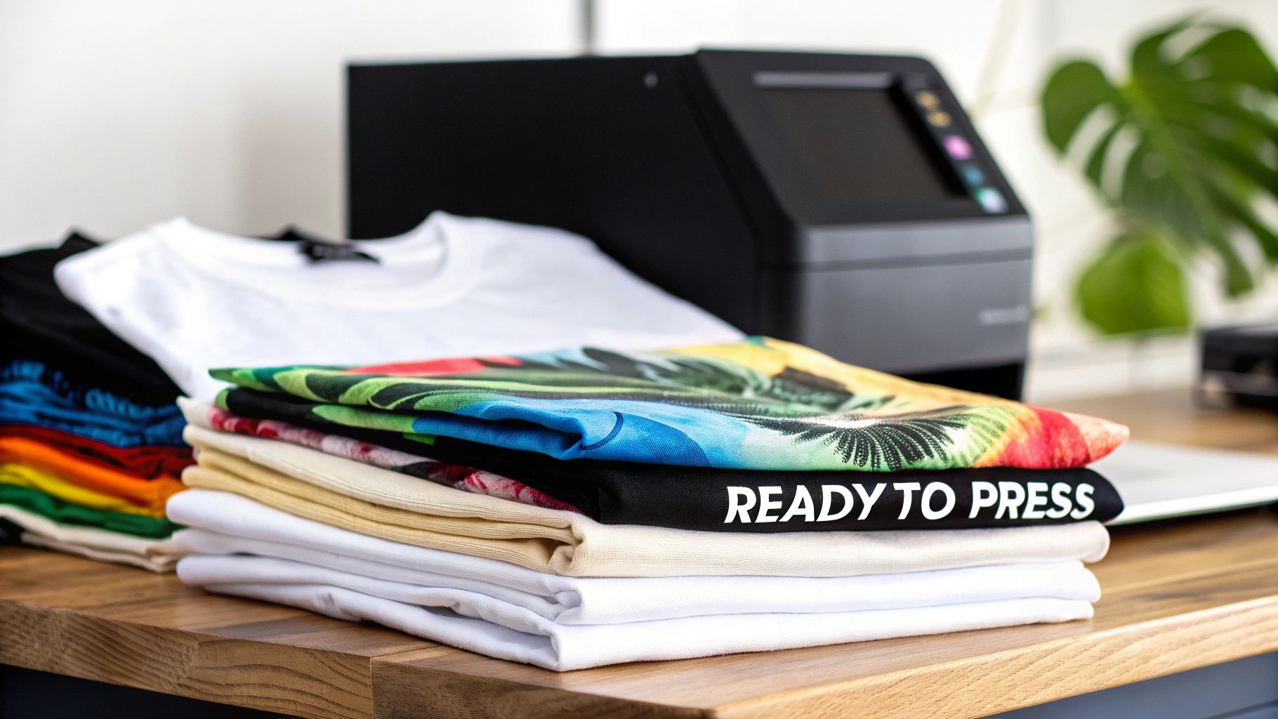 A collection of colourful custom DTF transfer sheets ready for pressing